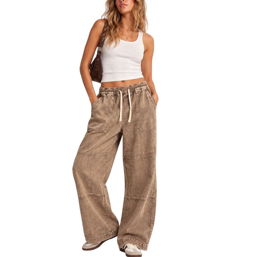 GAP Wide Leg Baggy Utility Pull On Jeans L Mushroom Brown Drawstring 100% Cotton
